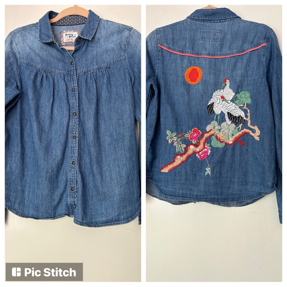 Anthropologie Holding Horses Blue Denim Shirt with Embroidered back